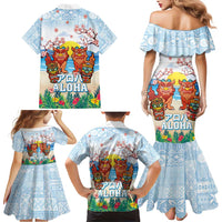 Hawaii And Japan Okinawa Family Matching Mermaid Dress and Hawaiian Shirt Aloha Gozaimasu Tiki With Shisa