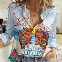 Hawaii And Japan Okinawa Women Casual Shirt Aloha Gozaimasu Tiki With Shisa