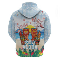 Hawaii And Japan Okinawa Zip Hoodie Aloha Gozaimasu Tiki With Shisa