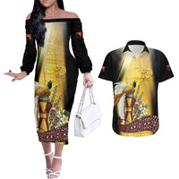 Papua New Guinea Couples Matching Off The Shoulder Long Sleeve Dress and Hawaiian Shirt Independence Day Unique Style LT05 Gold - Polynesian Pride