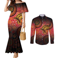 Papua New Guinea Couples Matching Mermaid Dress and Long Sleeve Button Shirt Birds Of Paradise With Aboriginal Pattern - Polynesian Pride
