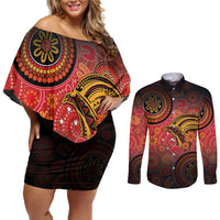 Papua New Guinea Couples Matching Off Shoulder Short Dress and Long Sleeve Button Shirt Birds Of Paradise With Aboriginal Pattern - Polynesian Pride