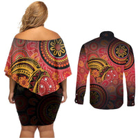 Papua New Guinea Couples Matching Off Shoulder Short Dress and Long Sleeve Button Shirt Birds Of Paradise With Aboriginal Pattern - Polynesian Pride