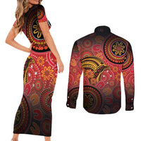 Papua New Guinea Couples Matching Short Sleeve Bodycon Dress and Long Sleeve Button Shirt Birds Of Paradise With Aboriginal Pattern - Polynesian Pride
