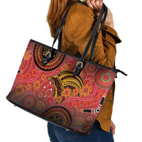 Papua New Guinea Leather Tote Bag Birds Of Paradise With Aboriginal Pattern - Polynesian Pride