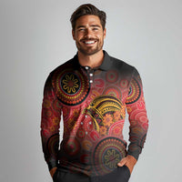Papua New Guinea Long Sleeve Polo Shirt Birds Of Paradise With Aboriginal Pattern - Polynesian Pride