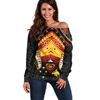 Papua New Guinea Independence Day Off Shoulder Sweater Tribal Mask LT05 Women Red - Polynesian Pride