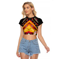 Papua New Guinea Independence Day Raglan Cropped T Shirt Tribal Mask LT05 Female Red - Polynesian Pride