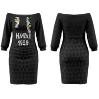 Hawaii Statehood Day Couples Matching Off The Shoulder Long Sleeve Dress and Hawaiian Shirt Kakau Pattern With Maile Pikake Honohono Lei LT05 - Polynesian Pride