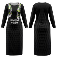 Hawaii Statehood Day Family Matching Long Sleeve Bodycon Dress and Hawaiian Shirt Kakau Pattern With Maile Pikake Honohono Lei LT05 Mom's Dress Black - Polynesian Pride
