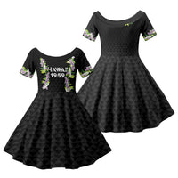 Hawaii Statehood Day Family Matching Summer Maxi Dress and Hawaiian Shirt Kakau Pattern With Maile Pikake Honohono Lei LT05 Daughter's Dress Black - Polynesian Pride