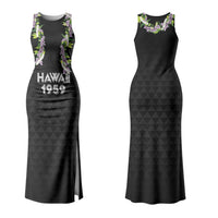 Hawaii Statehood Day Family Matching Tank Maxi Dress and Hawaiian Shirt Kakau Pattern With Maile Pikake Honohono Lei LT05 Mom's Dress Black - Polynesian Pride