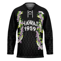 Hawaii Statehood Day Hockey Jersey Kakau Pattern With Maile Pikake Honohono Lei LT05 Unisex Black - Polynesian Pride