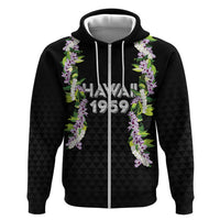 Hawaii Statehood Day Zip Hoodie Kakau Pattern With Maile Pikake Honohono Lei LT05 Zip Hoodie Black - Polynesian Pride