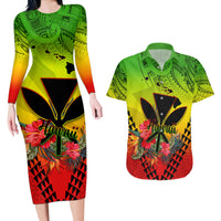 Personalized Hawaii Couples Matching Long Sleeve Bodycon Dress and Hawaiian Shirt Kakau Kanaka Maoli With Hibiscus Flowers LT05 Reggae - Polynesian Pride