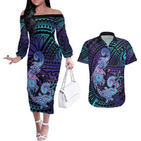 Hawaii Makahiki Turtle Couples Matching Off The Shoulder Long Sleeve Dress and Hawaiian Shirt Spiral Polynesian Tattoo