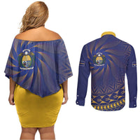 Nauru Angam Day Couples Matching Off Shoulder Short Dress and Long Sleeve Button Shirt Polynesian Tribal Pattern Unique Style - Polynesian Pride