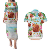 Hawaii Thanksgiving Couples Matching Puletasi Dress and Hawaiian Shirt Funny Turkey Dabbing Dance LT05 Blue - Polynesian Pride