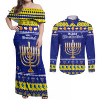 Personalised Polynesia Christmukkah Couples Matching Off Shoulder Maxi Dress and Long Sleeve Button Shirt Menorah With Polynesian Tribal Pattern LT05 Blue - Polynesian Pride
