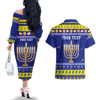 Personalised Polynesia Christmukkah Couples Matching Off The Shoulder Long Sleeve Dress and Hawaiian Shirt Menorah With Polynesian Tribal Pattern LT05 - Polynesian Pride