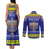 Personalised Polynesia Christmukkah Couples Matching Tank Maxi Dress and Long Sleeve Button Shirt Menorah With Polynesian Tribal Pattern LT05 - Polynesian Pride