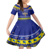Personalised Polynesia Christmukkah Kid Short Sleeve Dress Menorah With Polynesian Tribal Pattern LT05 KID Blue - Polynesian Pride