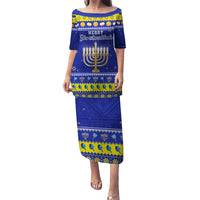 Personalised Polynesia Christmukkah Puletasi Menorah With Polynesian Tribal Pattern LT05 Long Dress Blue - Polynesian Pride