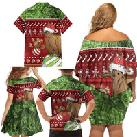 New Zealand Kiwi Christmas Family Matching Off Shoulder Short Dress and Hawaiian Shirt Paua Shell Glitter Green