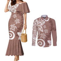 Polynesia Couples Matching Mermaid Dress and Long Sleeve Button Shirt Brown Tribal Turtle Floral Pattern LT05 Brown - Polynesian Pride