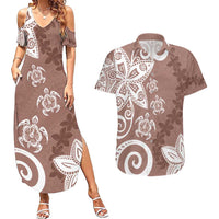 Polynesia Couples Matching Summer Maxi Dress and Hawaiian Shirt Brown Tribal Turtle Floral Pattern