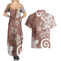 Polynesia Couples Matching Summer Maxi Dress and Hawaiian Shirt Brown Tribal Turtle Floral Pattern
