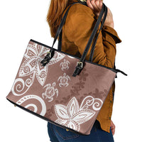 Polynesia Leather Tote Bag Brown Tribal Turtle Floral Pattern