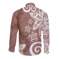 Polynesia Long Sleeve Button Shirt Brown Tribal Turtle Floral Pattern