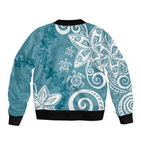 Polynesia Bomber Jacket Hippie Blue Tribal Turtle Floral Pattern