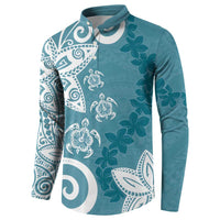 Polynesia Button Sweatshirt Hippie Blue Tribal Turtle Floral Pattern