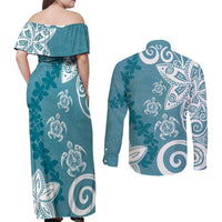 Polynesia Couples Matching Off Shoulder Maxi Dress and Long Sleeve Button Shirt Hippie Blue Tribal Turtle Floral Pattern LT05 - Polynesian Pride