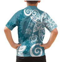 Polynesia Family Matching Mermaid Dress and Hawaiian Shirt Hippie Blue Tribal Turtle Floral Pattern