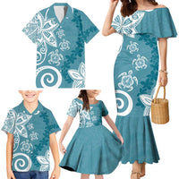Polynesia Family Matching Mermaid Dress and Hawaiian Shirt Hippie Blue Tribal Turtle Floral Pattern