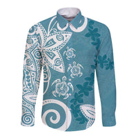 Polynesia Long Sleeve Button Shirt Hippie Blue Tribal Turtle Floral Pattern LT05 Unisex Blue - Polynesian Pride