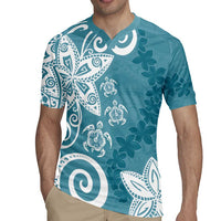 Polynesia Rugby Jersey Hippie Blue Tribal Turtle Floral Pattern