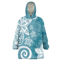 Polynesia Wearable Blanket Hoodie Hippie Blue Tribal Turtle Floral Pattern LT05 One Size Blue - Polynesian Pride