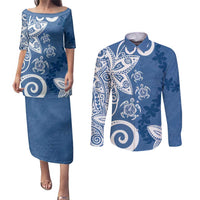 Polynesia Couples Matching Puletasi and Long Sleeve Button Shirt Blue Tribal Turtle Floral Pattern LT05 Blue - Polynesian Pride