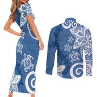 Polynesia Couples Matching Short Sleeve Bodycon Dress and Long Sleeve Button Shirt Blue Tribal Turtle Floral Pattern LT05 - Polynesian Pride