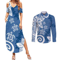 Polynesia Couples Matching Summer Maxi Dress and Long Sleeve Button Shirt Blue Tribal Turtle Floral Pattern LT05 Blue - Polynesian Pride