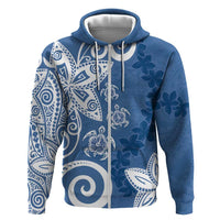 Polynesia Zip Hoodie Blue Tribal Turtle Floral Pattern