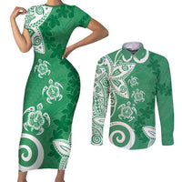 Polynesia Couples Matching Short Sleeve Bodycon Dress and Long Sleeve Button Shirt Green Tribal Turtle Floral Pattern LT05 Green - Polynesian Pride