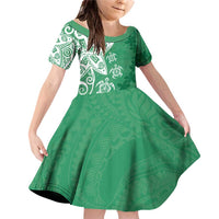 Polynesia Family Matching Off Shoulder Short Dress and Hawaiian Shirt Green Tribal Turtle Floral Pattern