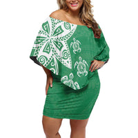 Polynesia Family Matching Off Shoulder Short Dress and Hawaiian Shirt Green Tribal Turtle Floral Pattern