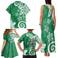 Polynesia Family Matching Tank Maxi Dress and Hawaiian Shirt Green Tribal Turtle Floral Pattern
