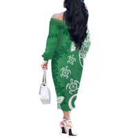 Polynesia Off The Shoulder Long Sleeve Dress Green Tribal Turtle Floral Pattern LT05 - Polynesian Pride